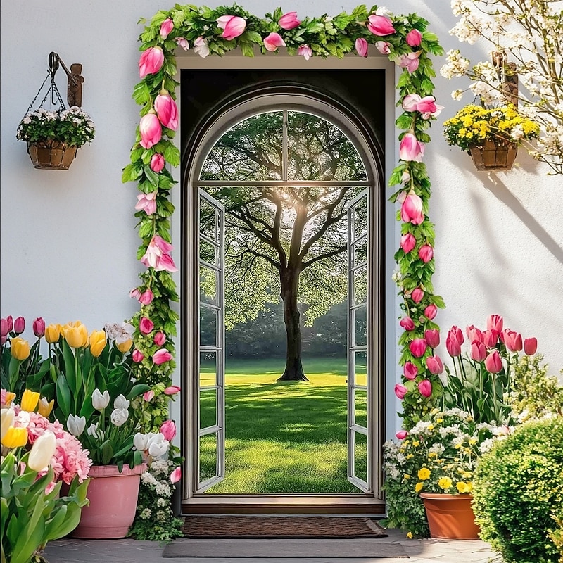Landscape Door Decorations Door Covers Forest Tree Door Tapestry Door Curtain Decoration Backdrop Indoor/Outdoor Door Banner for Front Door Farmhouse