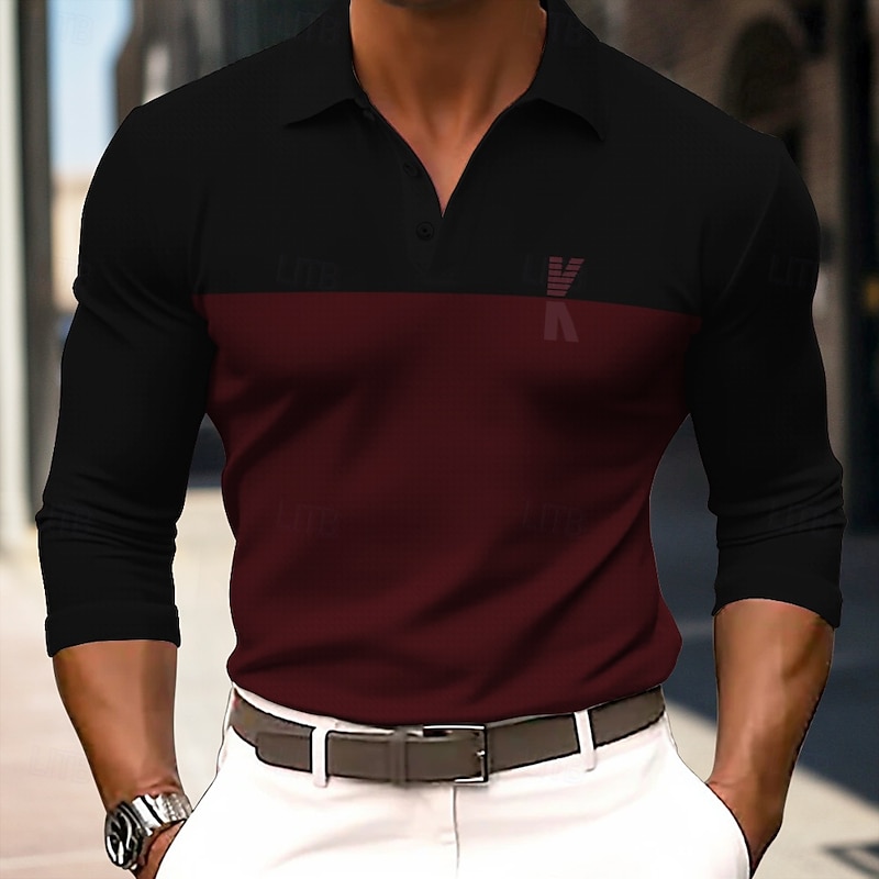 Men's Letter Polo Long Sleeve Polo Shirts Collared Shirts Business Casual School Athleisure Daily Wear 3D Print Spring Fall Winter Dark Brown Light Grey Dark Gray3