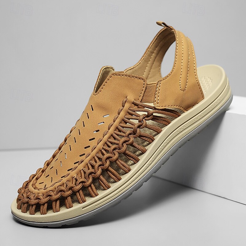 Men's Tan Slip-On Outdoor Sandals with Braided Detailing, Casual Style for Summer and Beach Activities