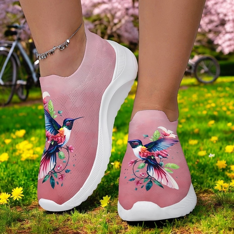 Hummingbird Print Flyknit Sneakers with Breathable Upper, Flexible Sole and Comfortable Design for Everyday Casual Outfits