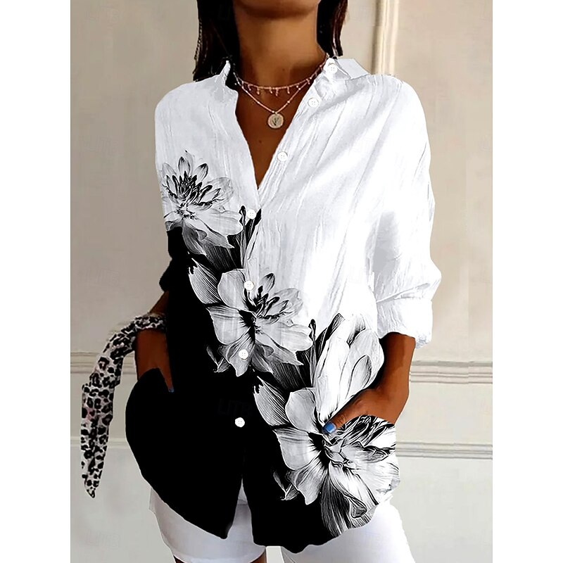 Women's Shirt Button Down Tunic Shirt Collar Long Sleeve Floral Graphic Daily Stylish Retro Vintage 3/4 Length Sleeve Regular Tops Daily Holiday Going out s Black Spring - Main Image