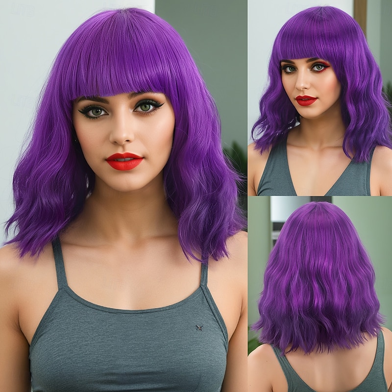 Synthetic Wig Bouncy Curl Deep Wave Asymmetrical With Bangs Machine Made Wig Short Blonde Synthetic Hair Women's Purple