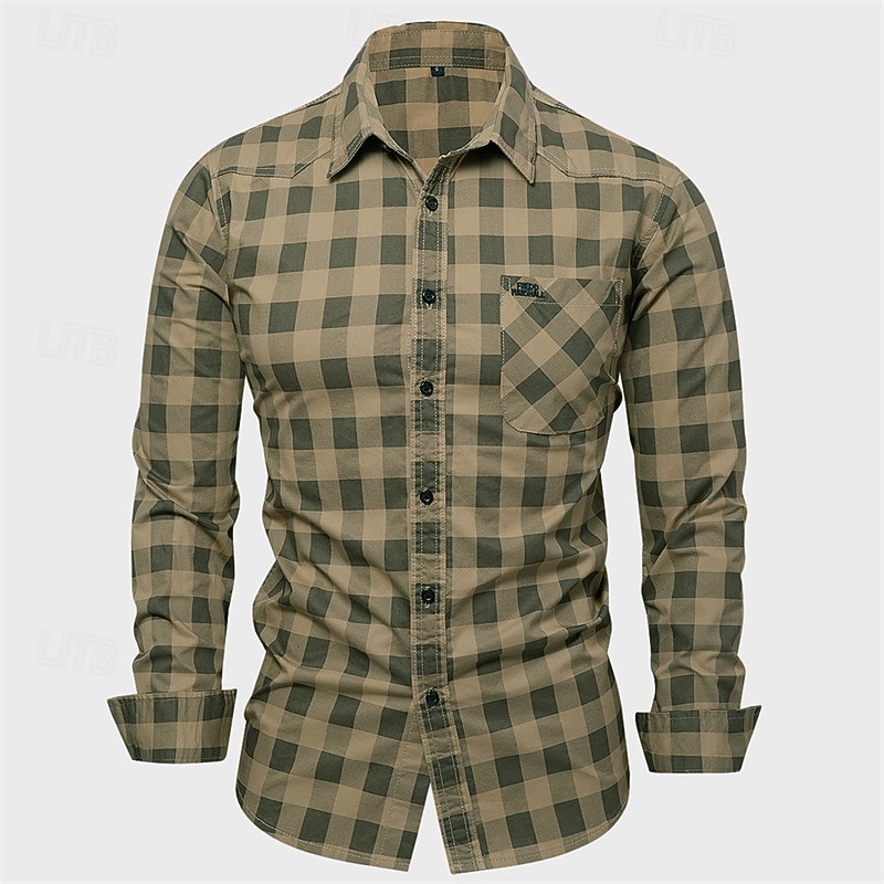 Men's Shirt Summer Shirt Casual Shirt Button Up Shirt khaki Army Green Long Sleeve Plaid Lapel Vacation Hawaiian Button-Down Clothing Apparel 100% Cotton Fashion Casual Comfortable2