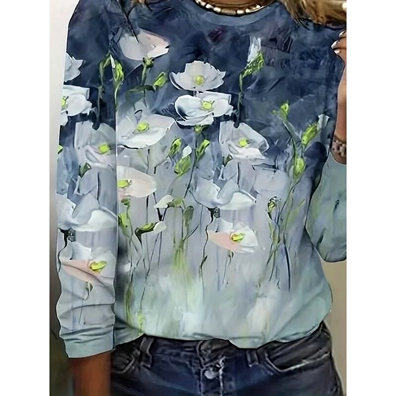 Women's T shirt Crew Neck Long Sleeve Tunic Ombre Floral Elegant Vintage  Regular Tops Daily Going out Weekend Print Dusty Blue3