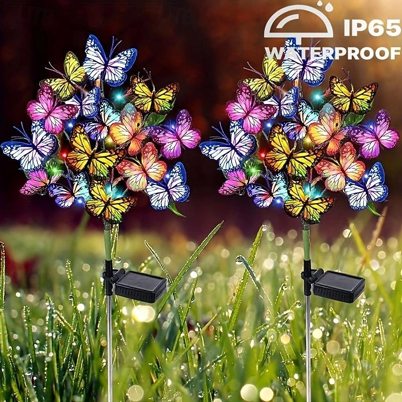 2 Pcs outdoor solar lifelike simulation butterfly strip light ground insertion light path garden courtyard wedding festival atmosphere decoration light