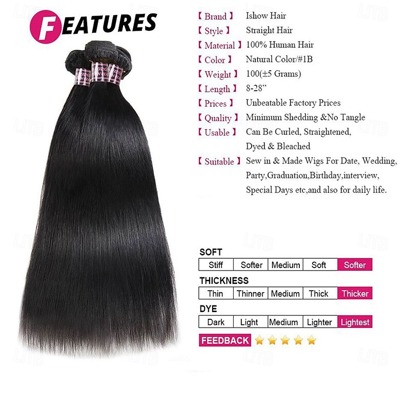 3 Bundles Hair Weaves Brazilian Human Hair Straight Hair Human Hair Extensions 8-28 Inch3
