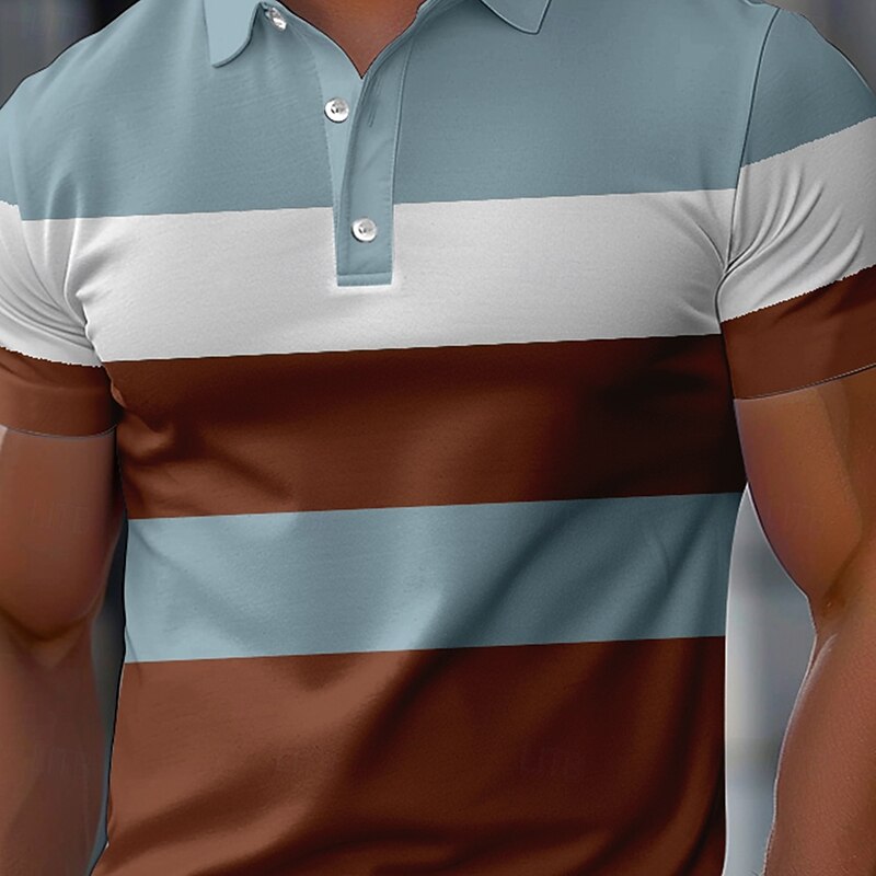 Men's Striped Rugby Polo Short Sleeve Polo Shirts Collared Shirts Casual School Outdoor Athleisure Daily Wear 3D Print Summer Spring Fall Black Brown Green4