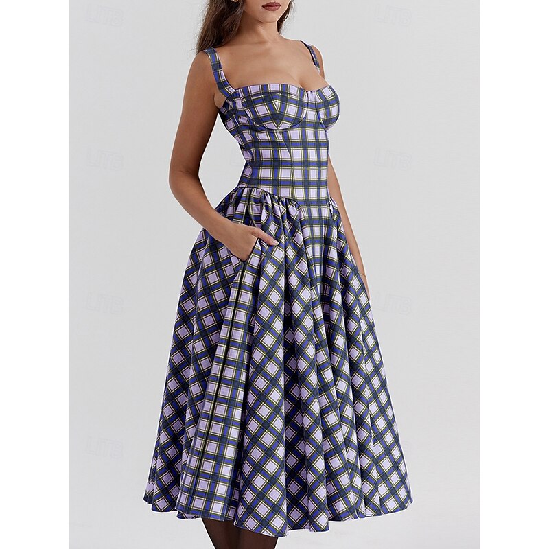 Retro Vintage 1950s Midi Dress Flare Dress Spaghetti Strap Corset Plaid A-Line Fancy Dress Women's Masquerade Wedding Vacation Tea Party Adults' Dress4