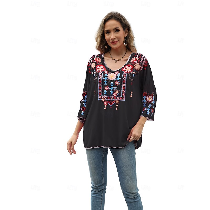 Women's Boho Shirt Solid Color Floral Bohemia Daily Luxurious 3/4 Length Sleeve Elbow Sleeve Crew Neck Regular Tops Work Daily Going out Embroidered Black Yellow Rose Pink Summer4