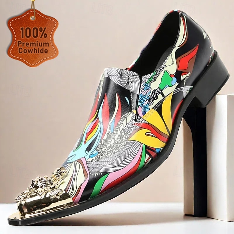Men's Premium Cowhide Leather Loafers with Gold Tip Vibrant Artistic Print and Metallic Gold Lion Head Detail–Fashionable Slip-On Shoes for Special Occasions and Statement Wear - Main Image