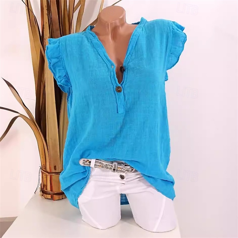 Women's Shirt Linen Shirt Cotton Linen Shirts Plain Daily Stylish Basic Sleeveless Flutter Sleeve V Neck Regular Tops Work Daily Holiday Buttons White Pink Blue Summer