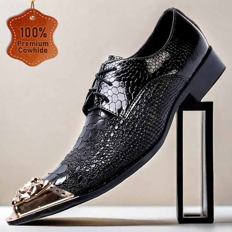 Men's Premium Black Snake-Pattern Leather Dress Shoes with Gold Tip Rose Gold Lion Head Toe–Stylish Formal Footwear for Special Occasions