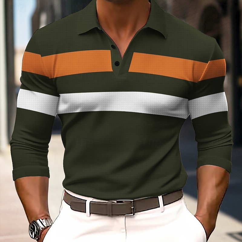 Men's Striped Rugby Polo Shirts Long Sleeve Polo Shirts Collared Shirts Business Casual School Athleisure Daily Wear 3D Print Spring Fall Winter Black Army Green Dark Blue3