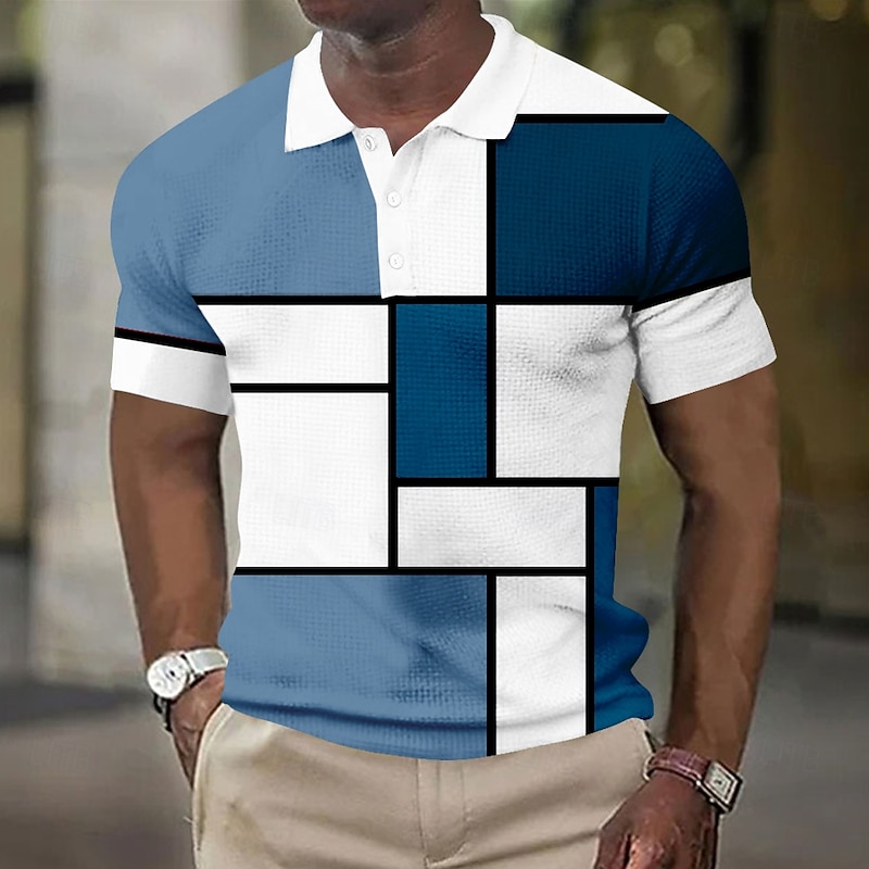 Men's Color Block Waffle Polo Shirts Short Sleeve Polo Shirts Collared Shirts Business Casual School Outdoor Dailywear Business Buttons 3D Print Summer Red Blue Orange