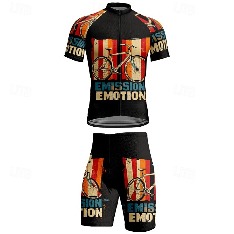 Men's Cycling Jersey with Shorts Geometric Stripes Letter & Number Short Sleeve Bike Clothing Suit with 3 Rear Pockets Mountain Bike MTB Road Bike Cycling Front Zipper Sweat wicking Comfortable