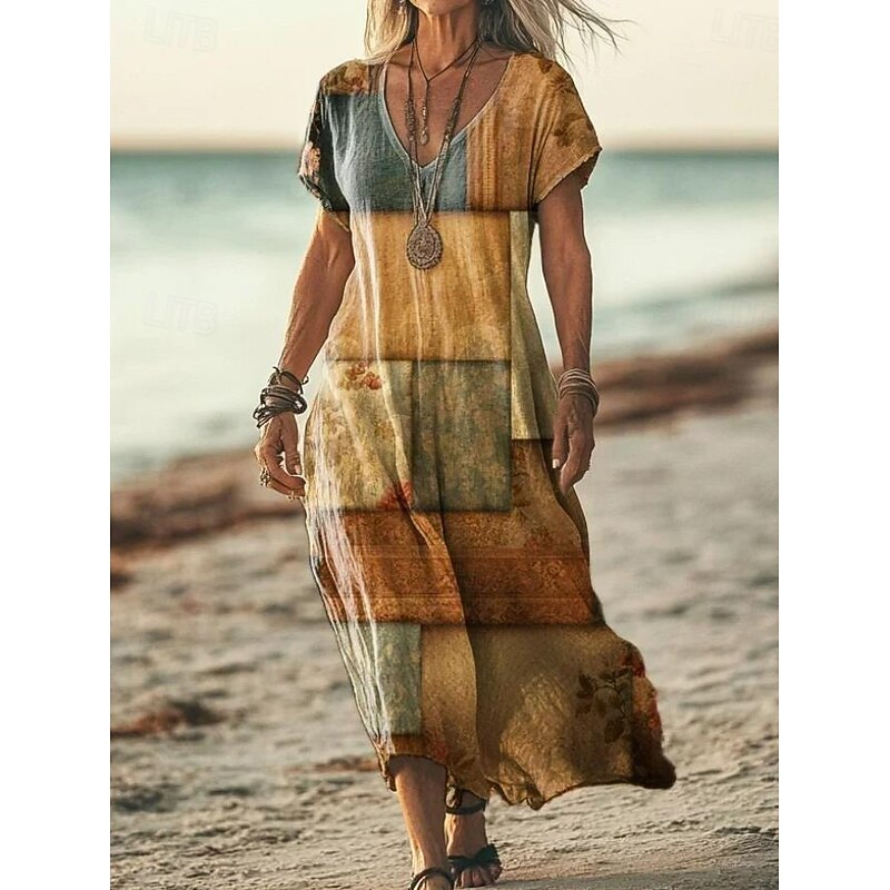 Women's Maxi Dress Casual Dress A Line Dress Stylish Casual Vacation Daily Regular Fit Geometric Short Sleeve V Neck Light Yellow Spring Fall