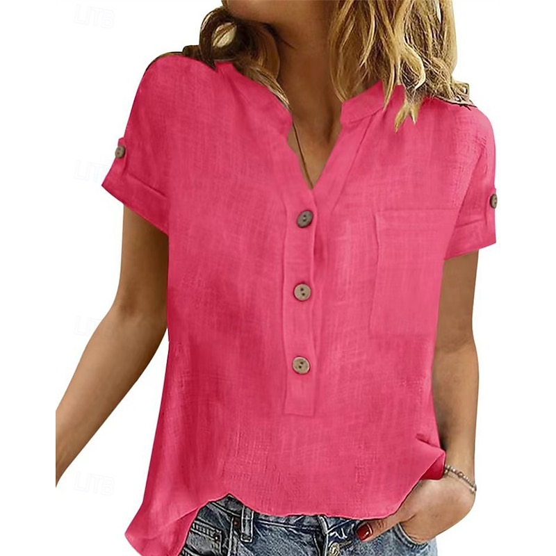 Women's Shirt Linen Shirt Cotton Linen Shirts Plain Daily Stylish Basic Short Sleeve Shirt Collar Regular Tops Work Daily Holiday Buttons Pink Blue Rose Pink Summer