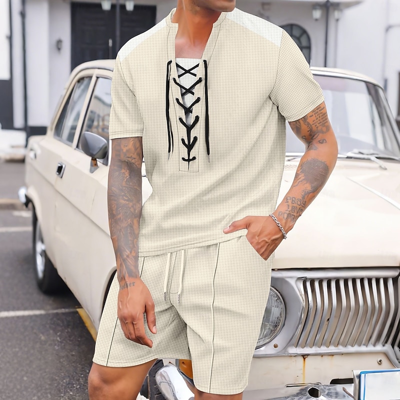 Men's T-shirt Suits 2 Pieces Outfits Tee & Shorts Short Sleeve Crewneck Summer Color Block Fashion Casual Drawstring 2 Piece Vacation Daily Wear Going out Black White Wine Top Tee for Men