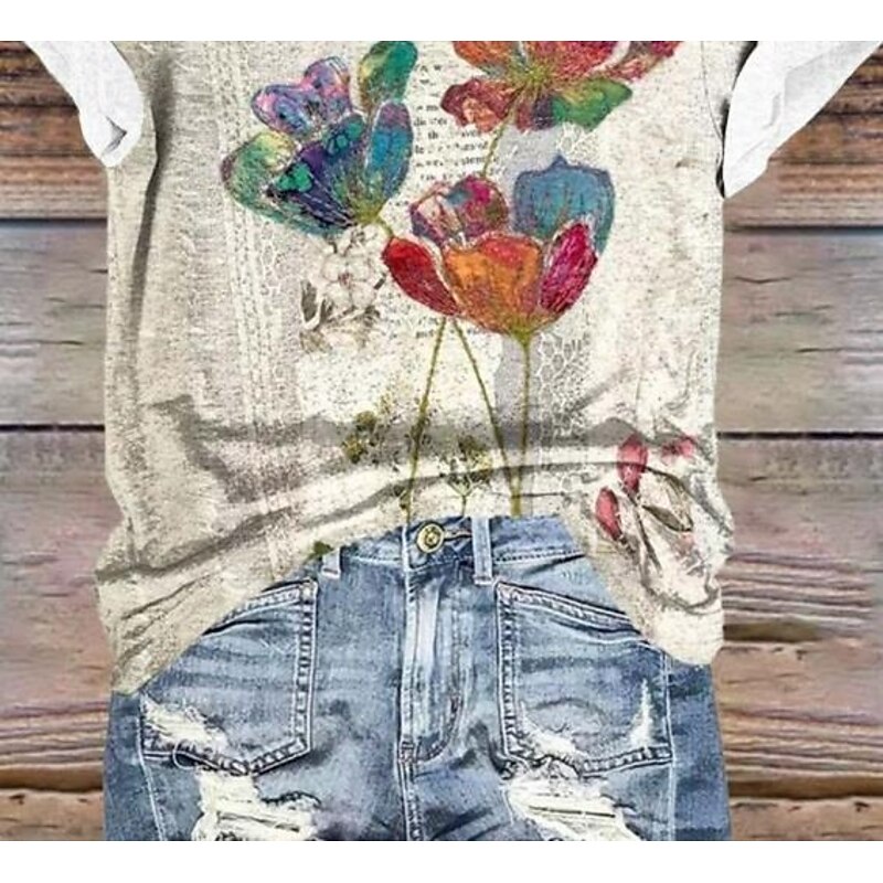 Women's T Shirt Floral Casual Short Sleeve Round Neck Regular Tops Daily Print Yellow Summer3