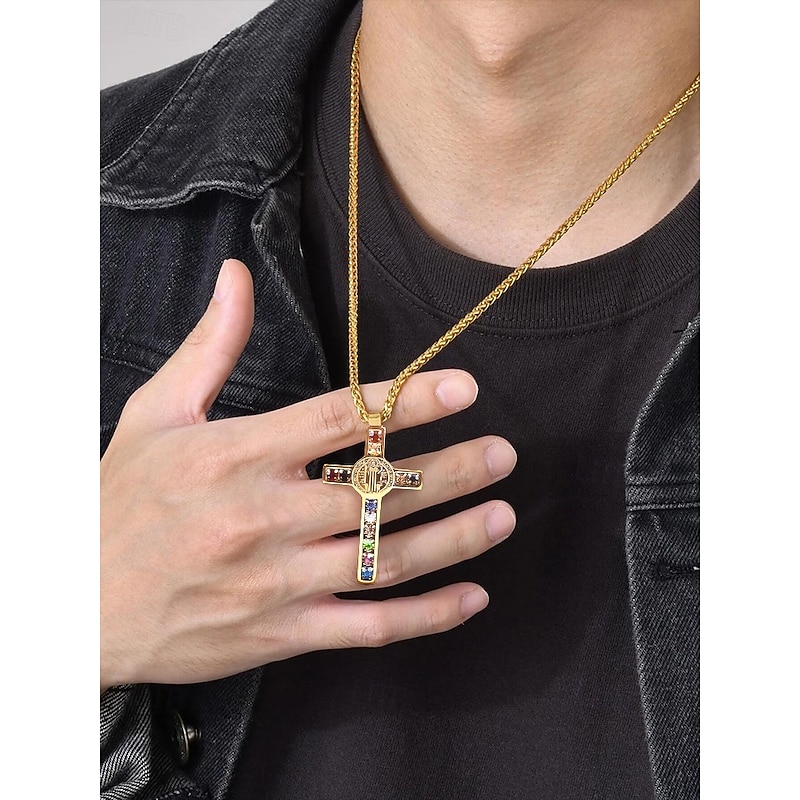 Men's Stainless Steel Gold-Plated Cross Necklace with Multi-Colored Gemstones – Religious Pendant, Stylish Chain for Everyday Wear, Gifts for Faith-Based Occasions2