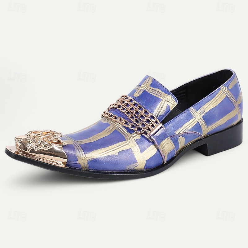 Men's Premium Cowhide Leather Loafers with Gold Tip Artistic Blue and Gold Geometric Design, Chain Detail, and Metallic Lion Head–Luxury Slip-On Shoes for Special Occasions and Evening Wear3