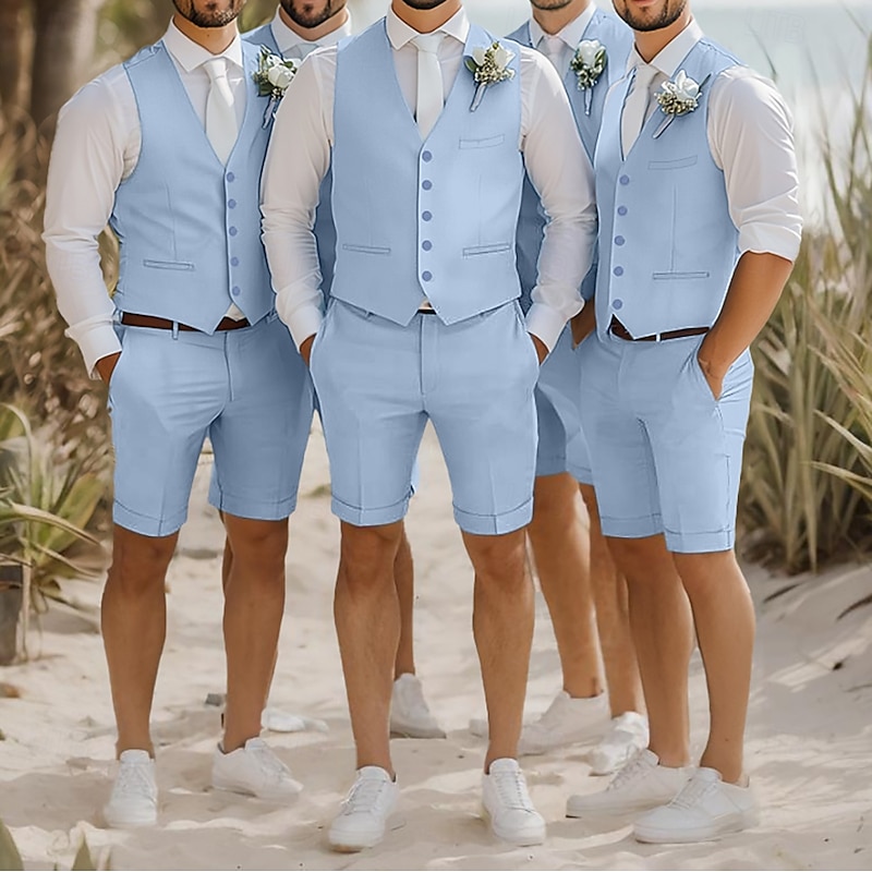 Men's Wedding Linen Suits Sky Blue Fashion Lightweight Solid Colored Tailored Fit 2 Piece