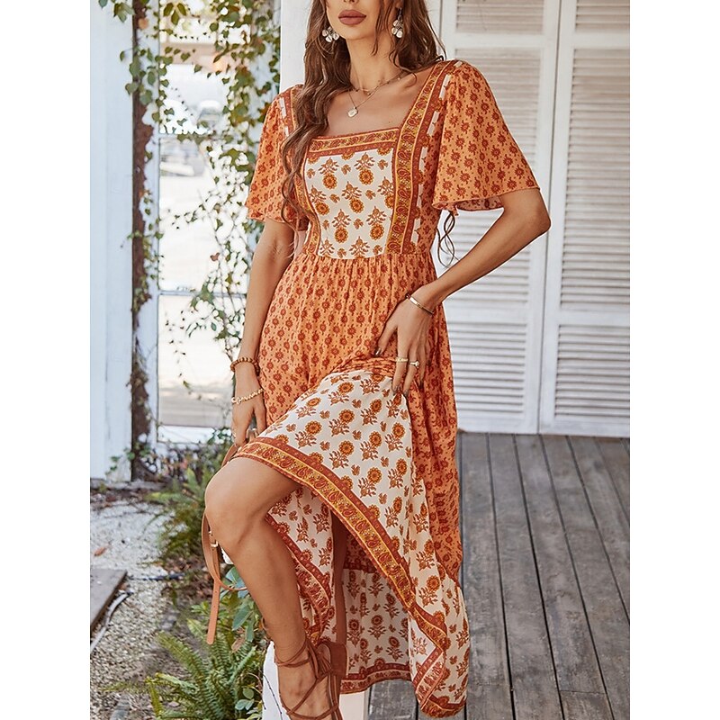 Women's Maxi Dress Casual Dress Swing Dress A Line Dress Stylish Casual Vacation Daily Regular Fit Floral Short Sleeve Square Neck Yellow Pink Orange Green Summer3