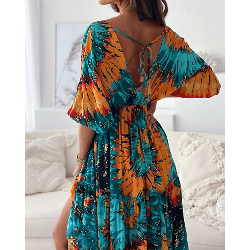 Women's Long Dress Maxi Dress Casual Dress Summer Dress Print Dress Fashion Outdoor Holiday Date Regular Fit Floral Long Sleeve Deep V Blue Purple Green Summer Spring3