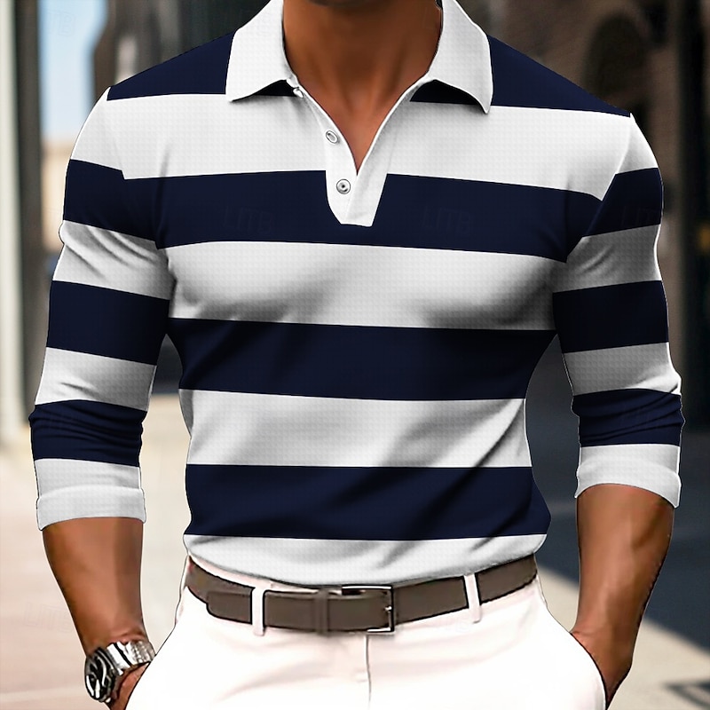 Men's Striped Rugby Polo Long Sleeve Polo Shirts Collared Shirts Sportswear Casual School Outdoor Office Daily Wear Buttons Spring Fall Winter White Blue Brown