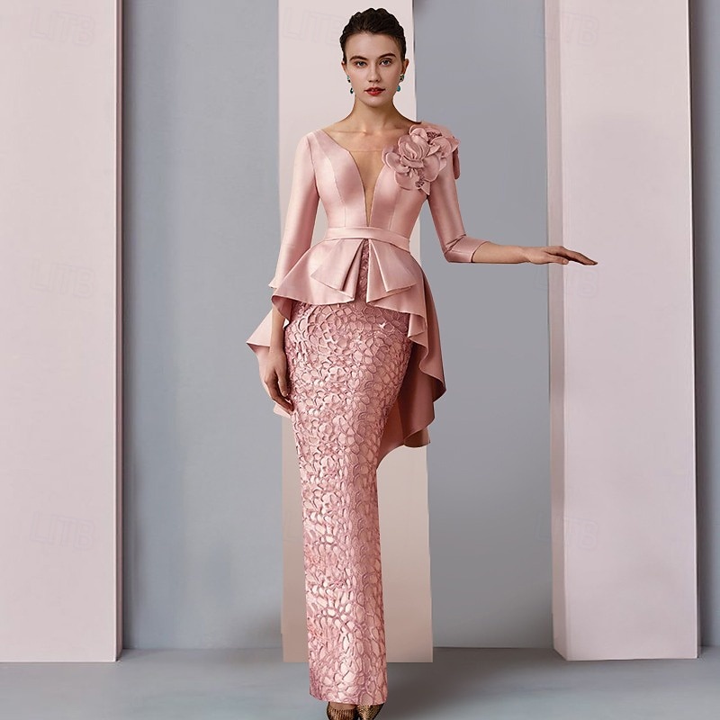 Sheath Mother of the Bride Dress Wedding Guest Elegant Party V Neck Floor Length Satin Lace 3/4 Length Sleeve with Appliques Cascading Ruffles Flower3