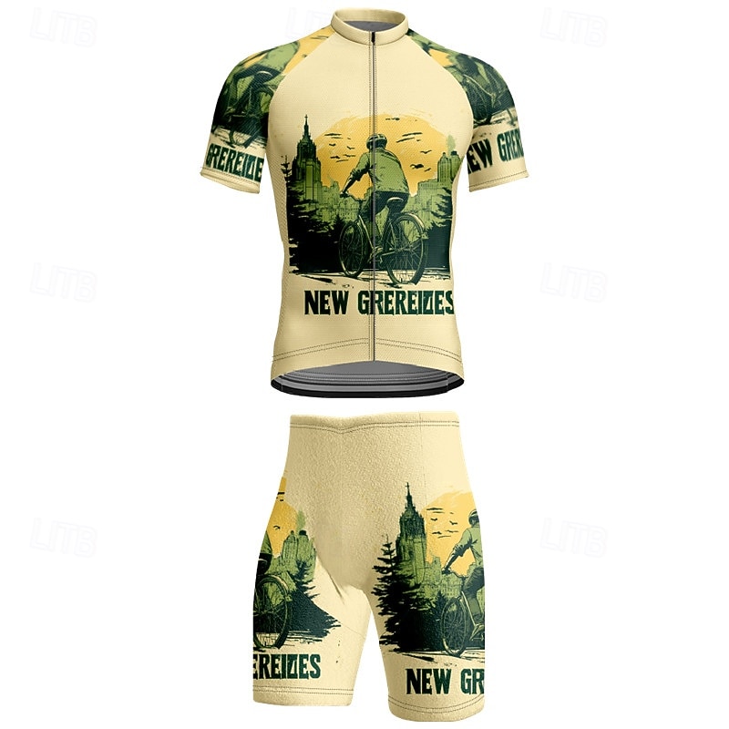 Men's Cycling Jersey with Shorts Graphic Short Sleeve Bike Clothing Suit with 3 Rear Pockets Mountain Bike MTB Road Bike Cycling Front Zipper Sweat wicking Comfortable Breathable Sports Green3