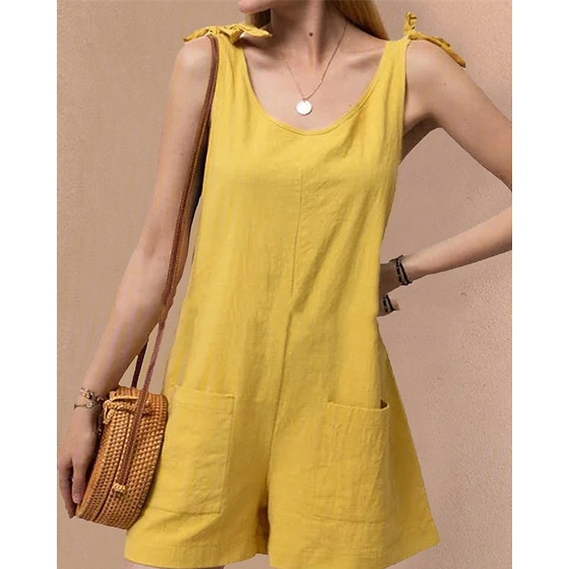 Women's Normal Romper Streetwear Solid Color Sleeveless Sleeveless V Neck Pocket Street Daily Regular Fit White Yellow Green Summer3