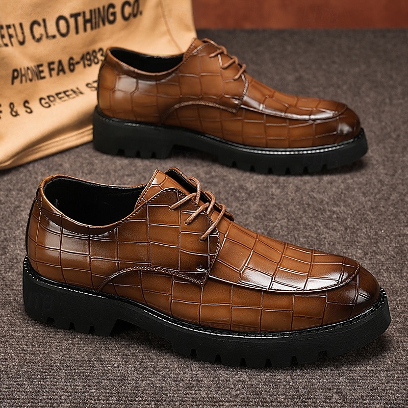 Men's Brown Derby Shoes - Faux Leather with Crocodile Texture Embossing, Stylish and Versatile Footwear for Men, Ideal for Casual, Office and Everyday Wear3