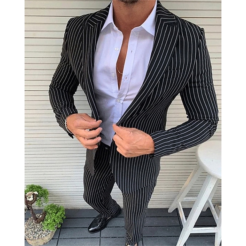 Men's Graduation Blazer Set Business Cocktail Party Wedding Party Fashion Casual Spring Fall Polyester Stripes Pocket 2 Piece Comfortable Single Breasted Blazer Black White Orange3