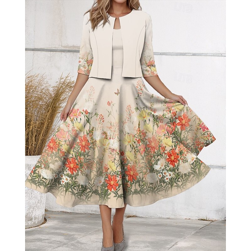 Women's Two Piece Dress Sets Midi Dress with Jacket Elegant A Line Dress Half Sleeve Casual Dress Chiffon Dress Swing Dress Floral Print V Neck Date Beige Spring Regular Fit
