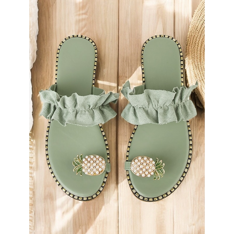 Green Ruffled Slide Sandals for Women – Stylish Pearl Pineapple Detail, Comfortable Flat Sandals for Summer, Beach and Casual Wear3