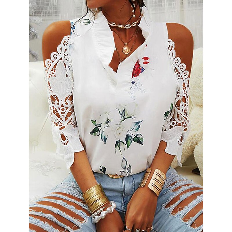 Women's T Shirt Floral Elegant Vintage Fashion Long Sleeve V Neck Regular Tops Daily Going out Weekend Patchwork Eyelet Print White Pink Blue Green Summer Spring4
