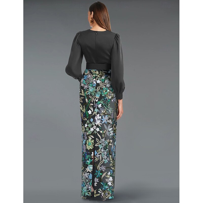 Embroidered Floral Sheath / Column Evening Gown Elegant Dress Formal Wedding Floor Length Long Sleeve V Neck Stretch Satin with Slit Appliques2