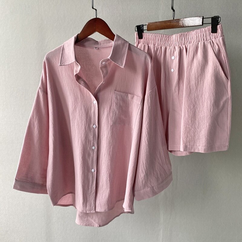 Women's Vacation Fashion Shirt Linen-Inspired Sets Two Piece Sets Beach Shorts Baggy Shorts Short Sleeve Shirt Collar Solid Color Drawstring Daily Wear Date Pink Green Gray Summer Regular Fit2