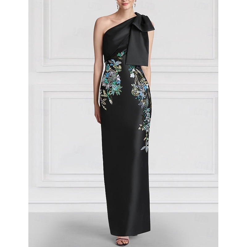Black Floral Column Evening Gown Elegant Embroidered Dress Formal Wedding Floor Length Sleeveless One Shoulder Satin with Bow(s) Slit2
