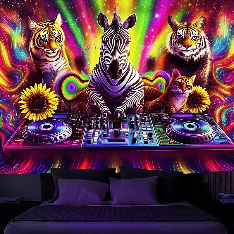 Blacklight Tapestry Glow in the Dark Glow Party UV Reactive Trippy Misty Animal DJ Hanging Tapestry Wall Art Mural for Living Room Bedroom