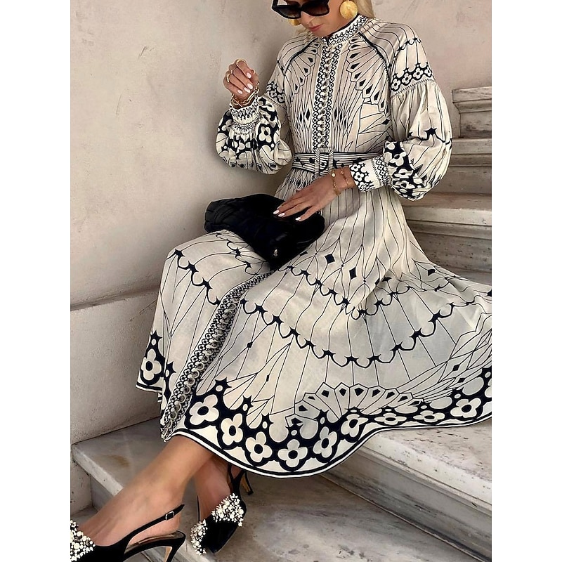 Women's Midi Dress Corset Dress A Line Dress Puff Sleeve Dress Vacation Semi Formal Formal Vacation Work Regular Fit Graphic Short Sleeve High Neck White Summer4