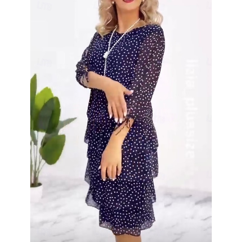 Women's Midi Dress Casual Dress Stylish Casual Vacation Daily Regular Fit Polka Dot 3/4 Length Sleeve Crew Neck Navy Blue Summer3