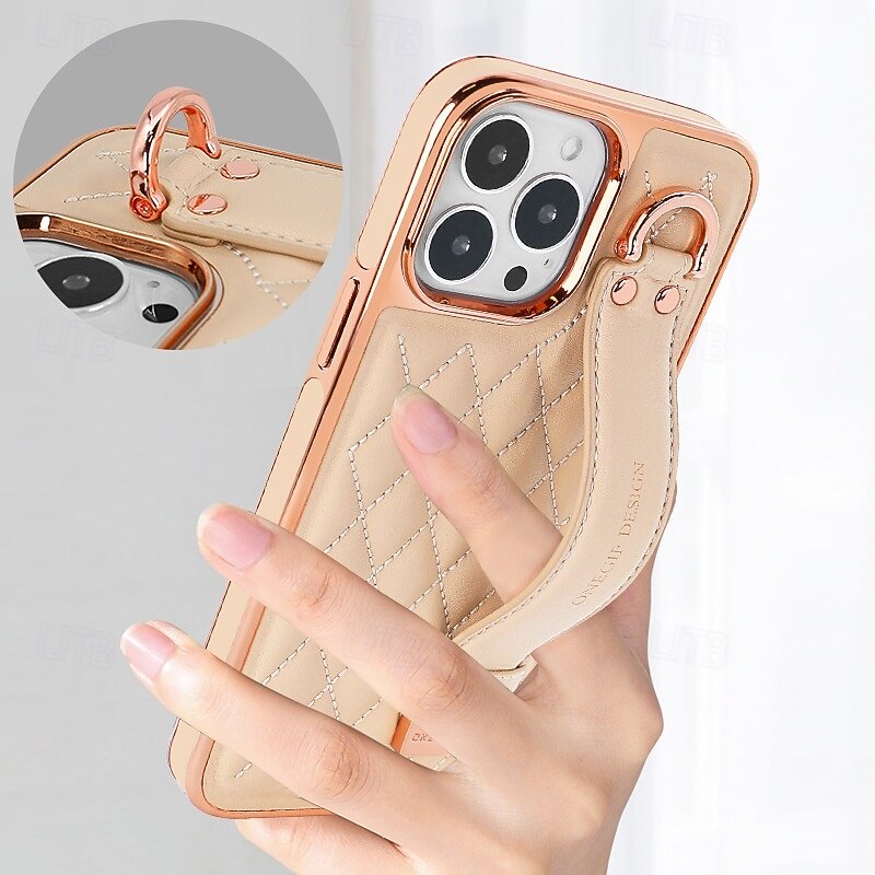 Phone Case For iPhone 16 15 14 Pro Max 13 12 Pro Max Back Cover with Stand Holder with Wrist Strap Shockproof Retro Plating PU Leather4