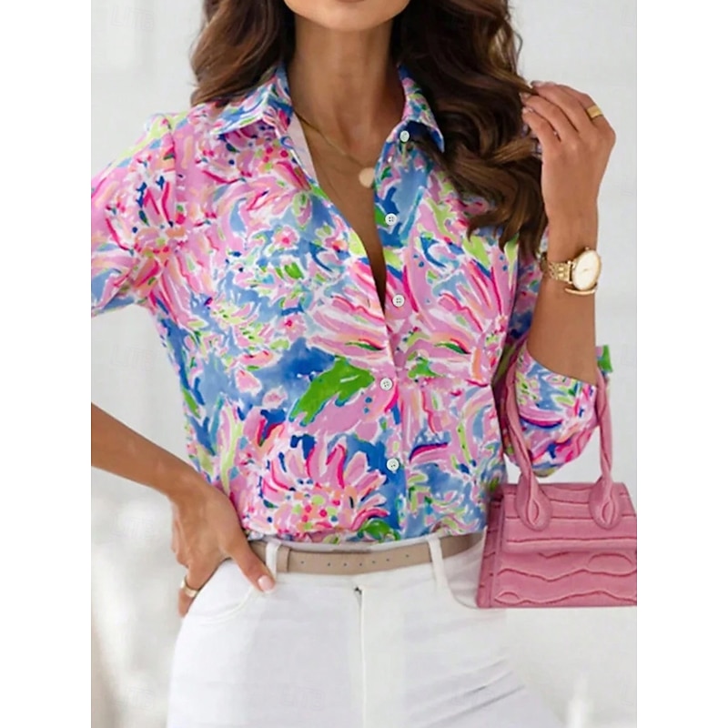 Women's Shirt Button Down Tunic Shirt Collar Long Sleeve Floral Casual Regular Tops Work Daily s Print Pink Spring Fall Winter3