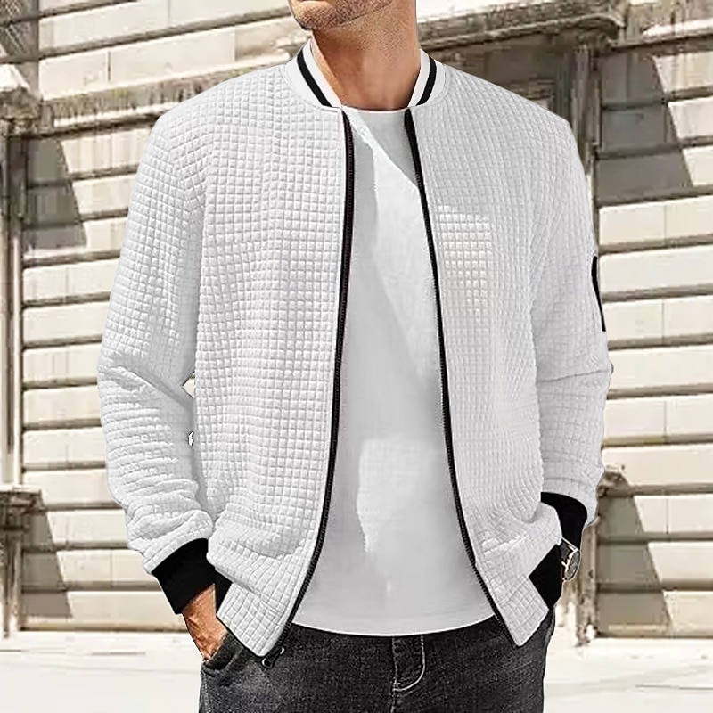 Men's Lightweight Jacket Waffle Jacket Summer Jacket Transition Jacket Vacation Daily Wearproof Pocket Spring Fall Plain Fashion Classic Stand Collar Regular Black White Navy Blue Khaki Dark Gray