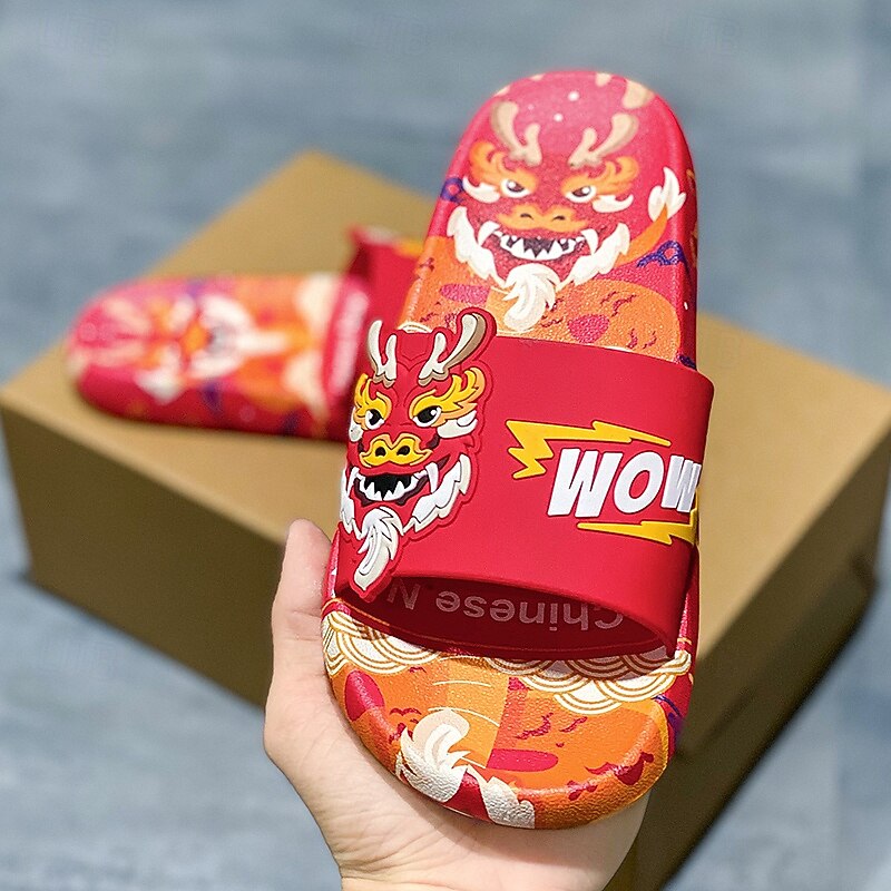 Men's Red Dragon Print Slide Sandals with 3D Dragon Design, Casual Style for Summer and Festivals2