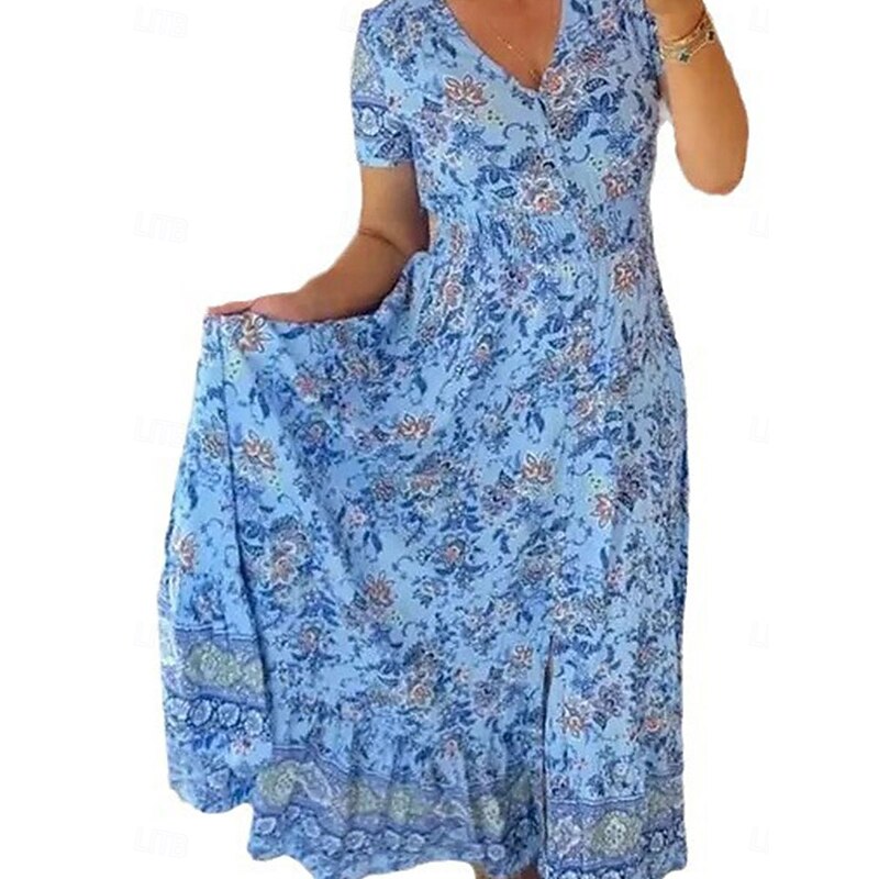 Women's Maxi Dress Casual Dress Boho Dress Elegant Stylish Casual Vacation Casual Daily Regular Fit Floral Short Sleeve V Neck Pink Navy Blue Purple Light Blue Summer Spring2