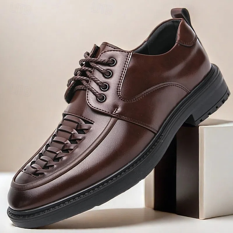 Men's Dark Brown Derby Shoes - Faux Leather with Toe-Cap Weaving Design, Stylish and Versatile Footwear for Men, Perfect for Casual, Office and Everyday Wear2