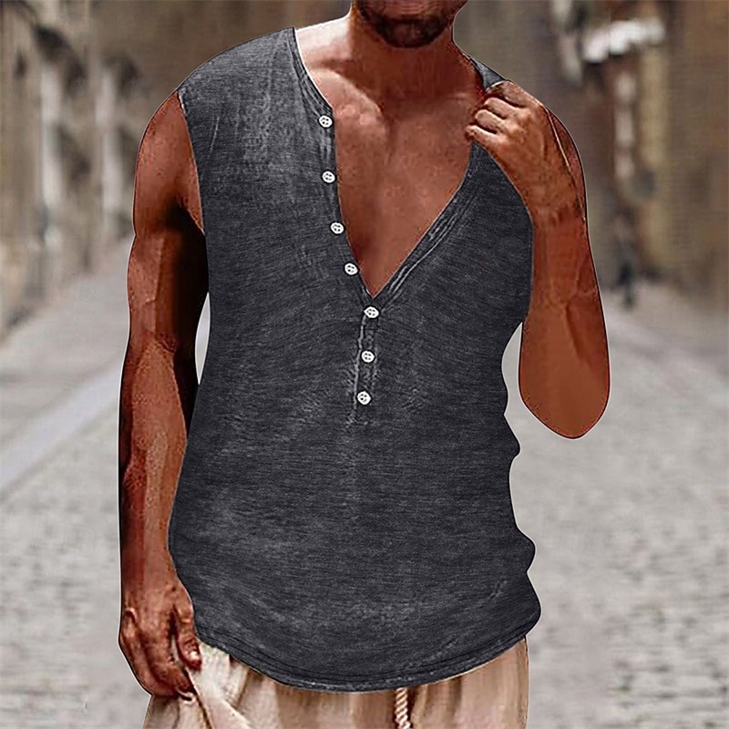 Men's Tank Top Vest Top Undershirt Sleeveless Shirt Sleeveless Henley Summer Plain Vintage Fashion Designer Buttons Vacation Street Going out Black White Brown Top Tee for Men3